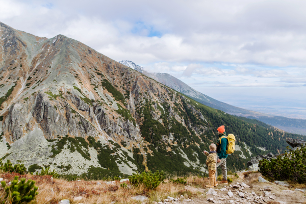 Father with his little son hiking in the mountains together. Father and son spending quality alone time together. Cute boy pointing on something in the distance with finger.