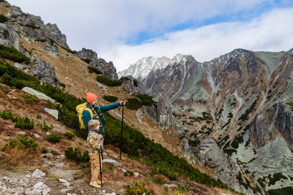 Father with his little son hiking in the mountains together.