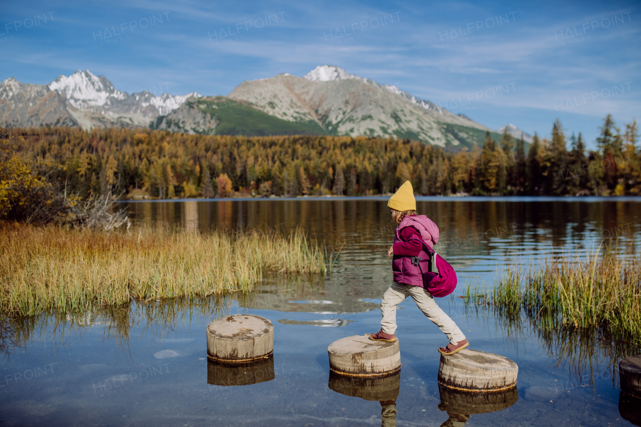 Side view of girl jumping on wooden steps on the shore of the lake in mountains. Girl tourist enjoying mountains view, having fun at the lake.