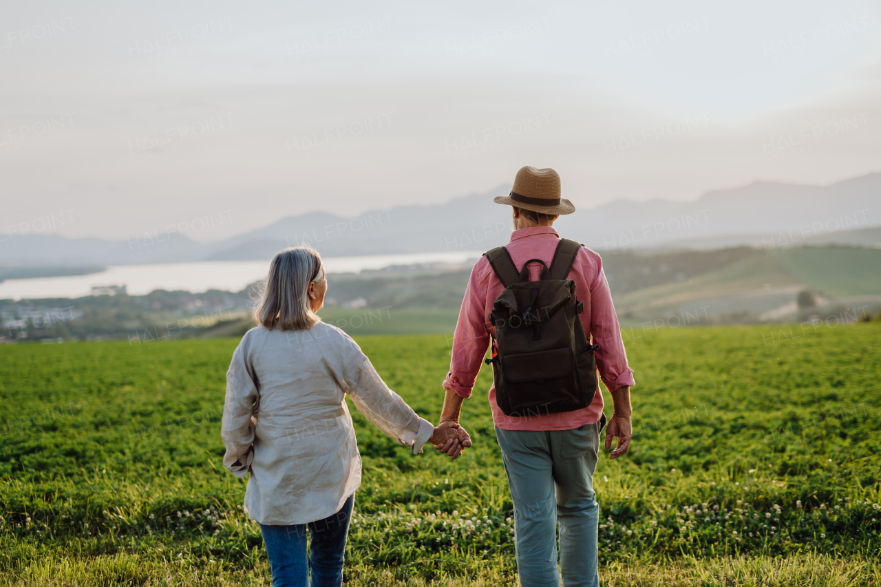 Senior couple walking through the autumn nature. Elderly spouses enjoying the beautiful view of the High Tatras. Mushroom hunting, mushrooming or mushroom picking.