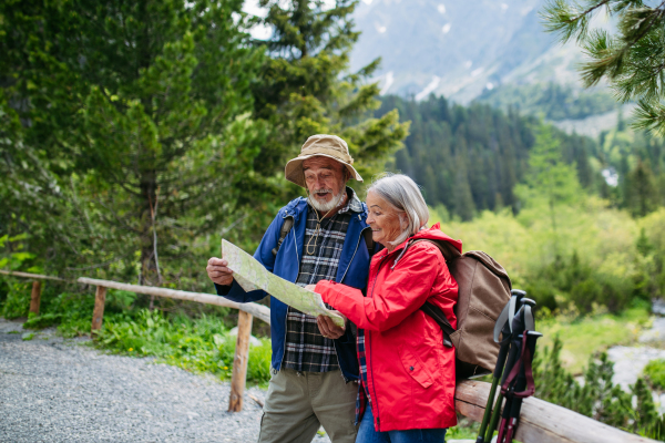 Active elderly couple hiking together in autumn mountains, on senior friendly trail. Senior spouses on the vacation in the mountains celebrating anniversary. Senior tourists with backpacks reading map, preparing for hike.