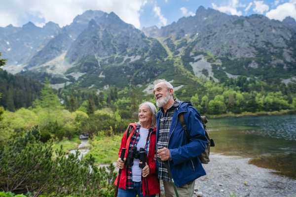 Active elderly couple hiking together in autumn mountains, on senior friendly trail. Husband and wife getting rest during hike, enjoying nature. Senior tourist with backpack using trekking poles for stability.