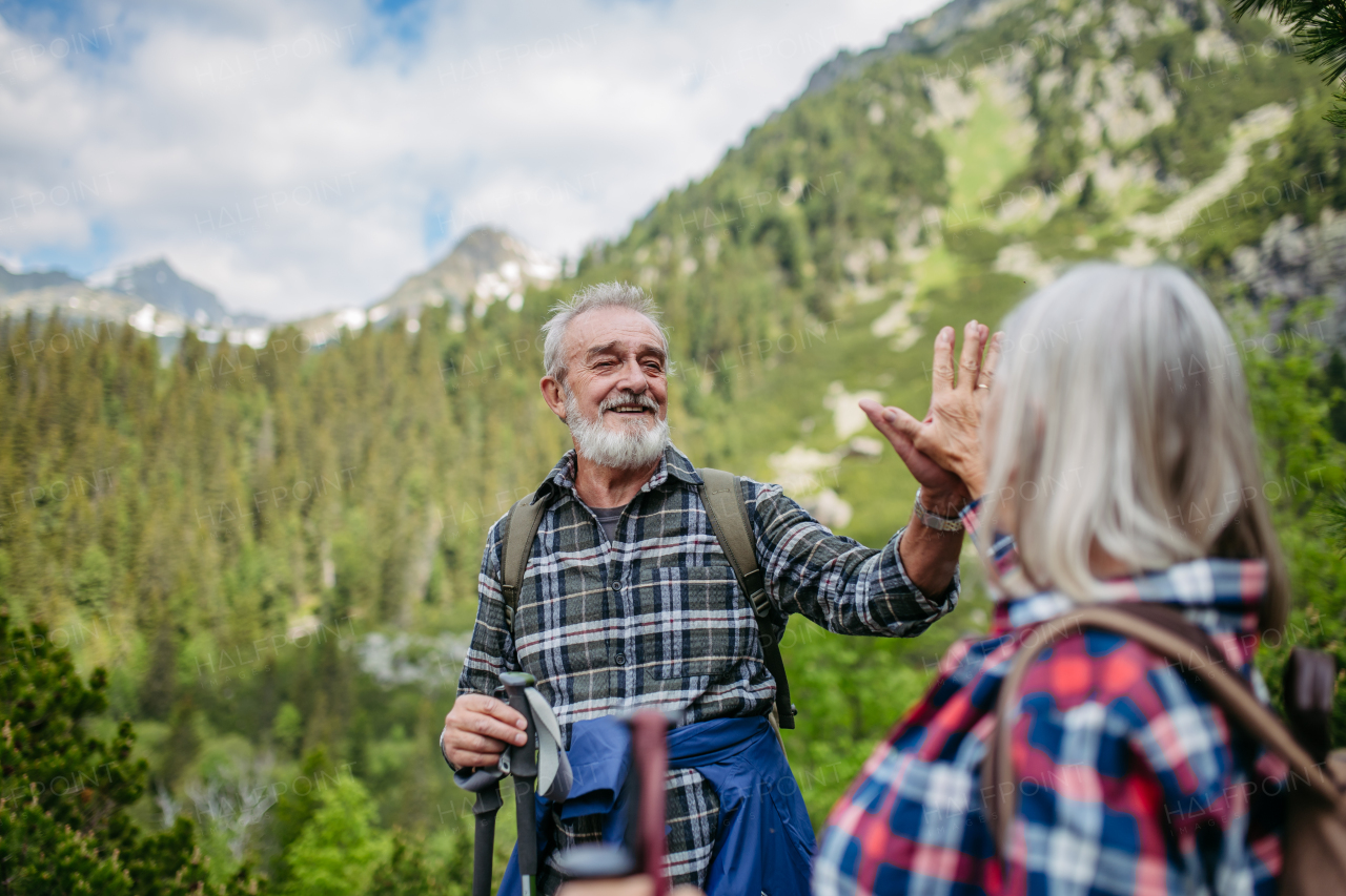 Portrait of senior man giving high five to his wife after successful hike in autumn mountains. Husband and wife getting rest during hike, enjoying nature. Senior tourist with backpack using trekking poles for stability.