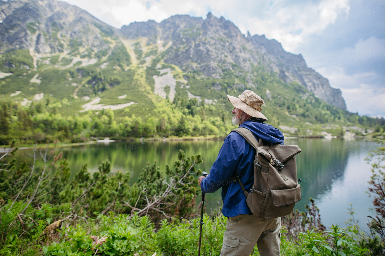 Rear view of active senior man hiking in autumn mountains, on senior friendly trail. Senior tourist with backpack looking through binoculars at lake. Scenery photography with copy space.