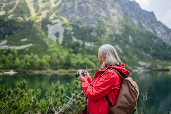 Potrait of active senior woman hiking in autumn mountains, on senior friendly trail. Senior tourist with backpack taking pictures with analog camera.