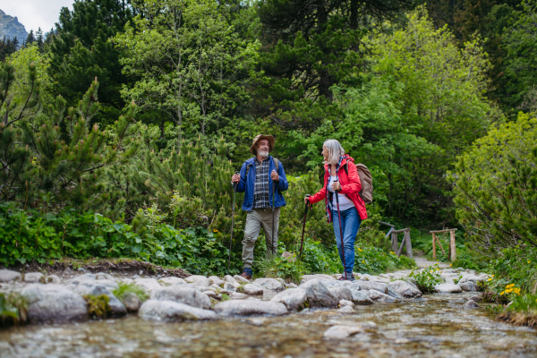 Active elderly couple hiking together in autumn mountains, on senior friendly trail. Husband and wife walking by a stream, enjoying nature. Senior tourist with backpack using trekking poles for stability.