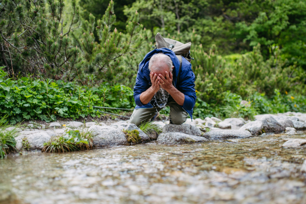 Active senior man washing his face in mountain stream during hike. Senior tourist with backpack cooling down by small river.