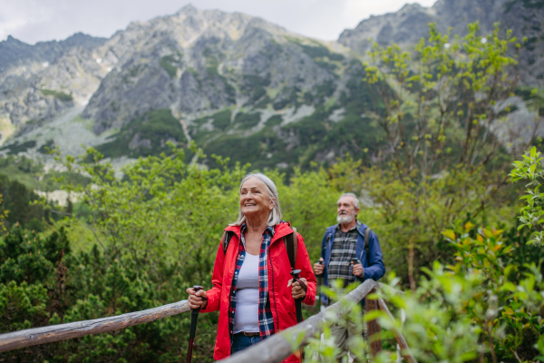 Potrait of active senior woman hiking with husband in autumn mountains. on senior friendly trail. Senior tourist with backpack using trekking poles for stability.