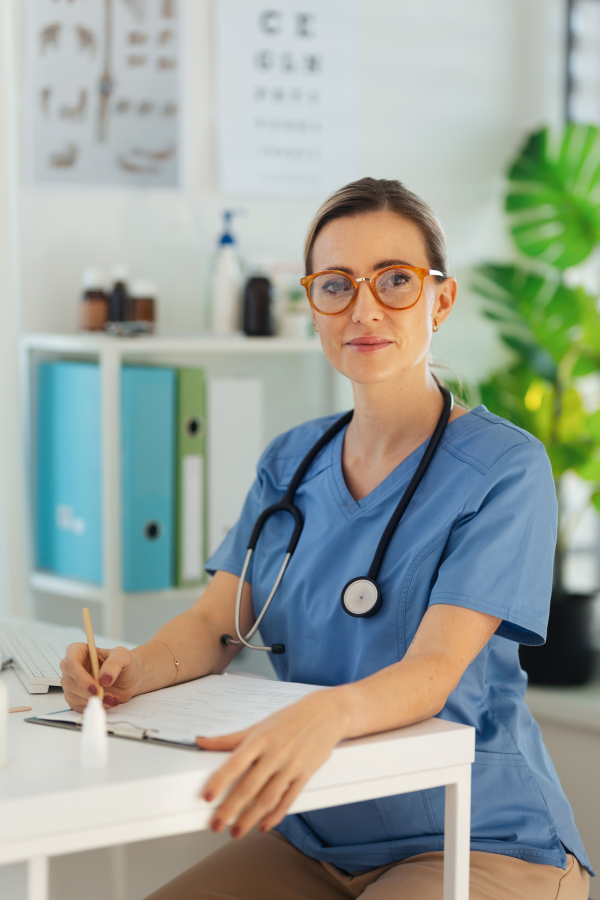 Portrait of a beautiful female doctor with eyeglasses, sitting at the desk in a doctor's office.