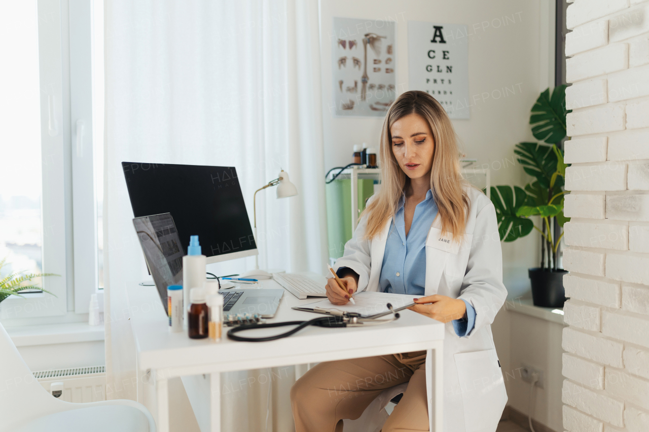 Young beautiful female doctor working on laptop in doctor's office. Physician doing paperwork and administrative tasks.