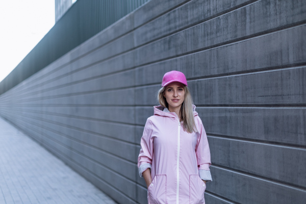 Young woman in a fashion clothes standing in city concrete wall.