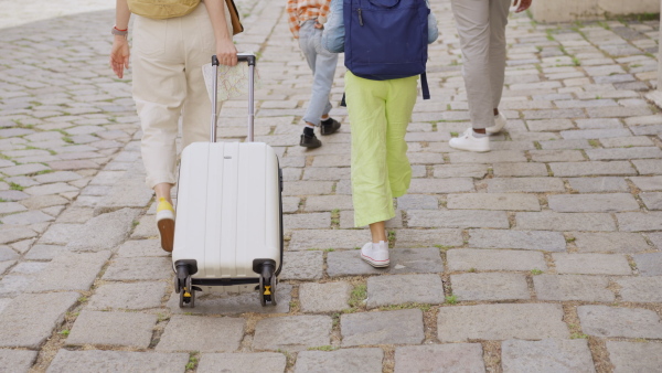 A multiracial family travel together with suitcases, walking in old city centre, lowesection, rear view.