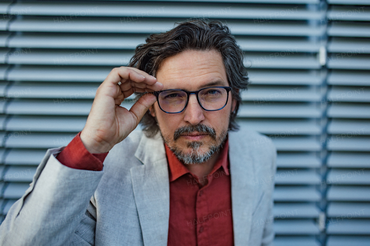 Portrait of mature businessman standing on city street, in front of office building. Handsome man with glasses in a suit.