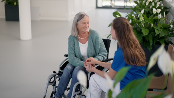 Young woman doctor taking care of senior woman at a wheelchair.