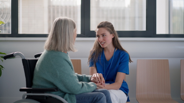 Young woman doctor taking care of senior woman at a wheelchair.