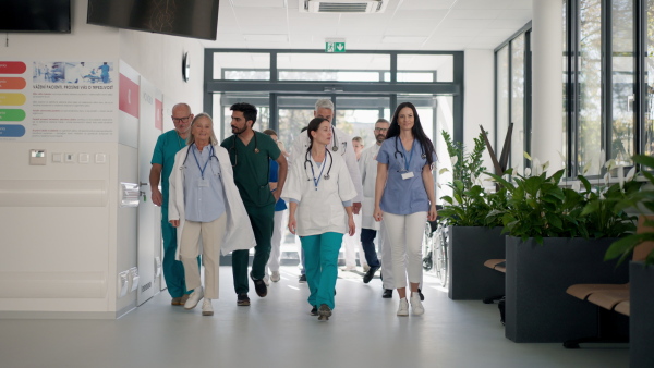 Group of doctors at hospital corridor, going for daily chceck up of patients.