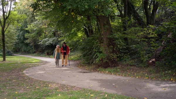 Happy senior couple in autumn clothes walking in park together.