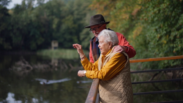 Happy senior couple at autumn walk near a lake, having a break and feeding ducks.