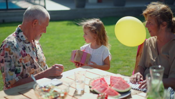 A happy little girl giving birthday present to her senior grandfather at generation family birthday party in summer garden