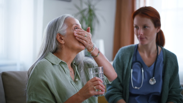 Nurse cosulting with senior woman her health condition and taking pills, at her home.