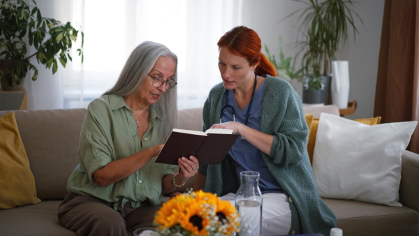 Nurse cosulting with senior woman her health condition at her home.