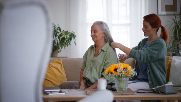 Nurse combing her senior client at the home.