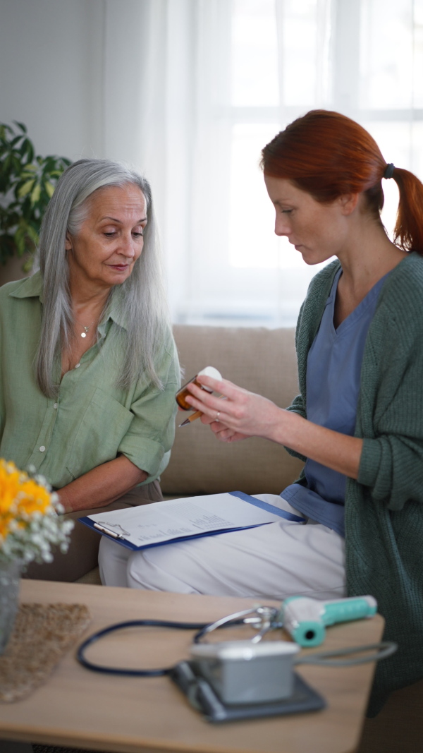 Nurse cosulting with senior woman her health condition at her home.