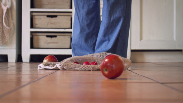 Purchased fruit and vegetable in a zero waste bag falling to the ground.