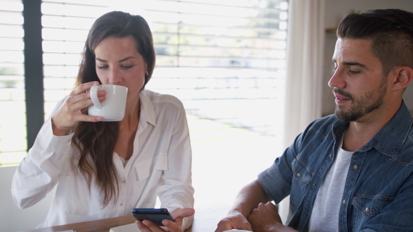 Young woman and man at home, siting at table, planning finances, using mobile phone application.