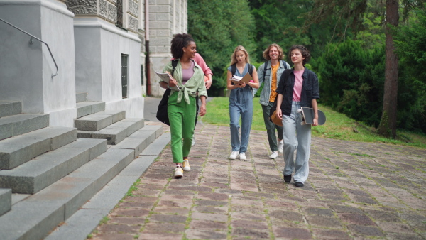 A group of happy teenagers together in front of school, back to school concept.