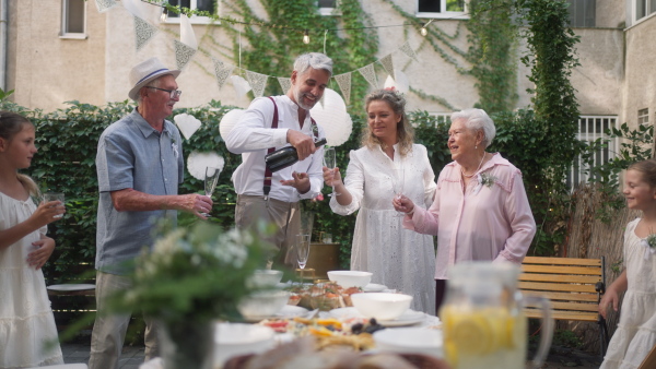 A mature bride and groom toasting with guests at wedding reception outside in the backyard.