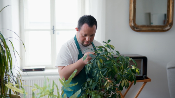 A young man with Down syndrome taking care of plants at home, smiling and looking at camera.