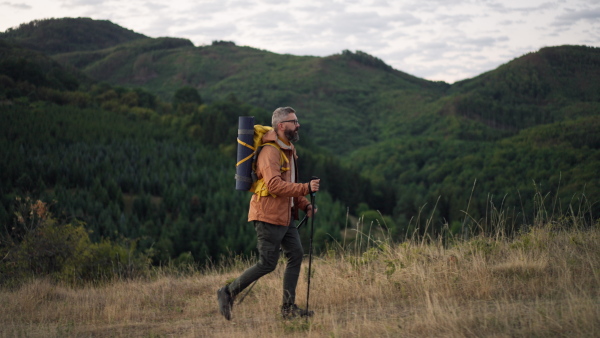 Male hiker walking alone in tranquil nature at dusk.