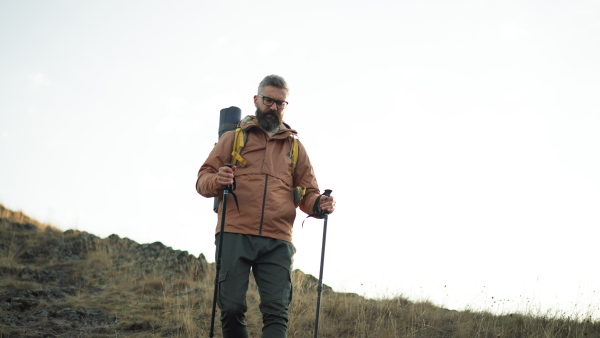 Male hiker walking alone in nature wearing backpack, using hiking poles.