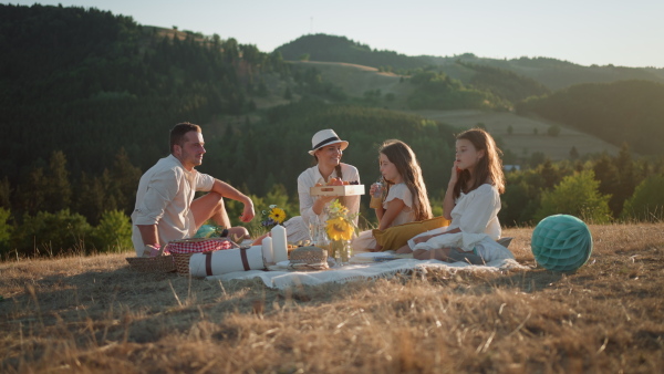 A happy family with children having picnic in park.