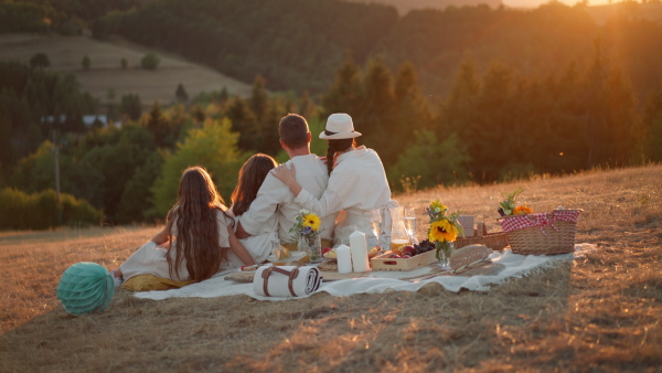 Family with children having picnic in the nature, enjoying sunset. Rear view.