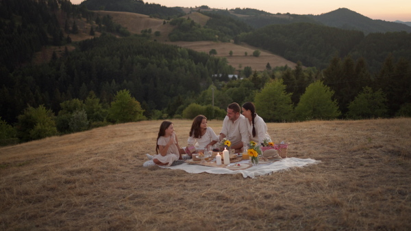 A happy family with children having picnic in park.