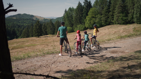 Young family with children at bike trip, looking at view.