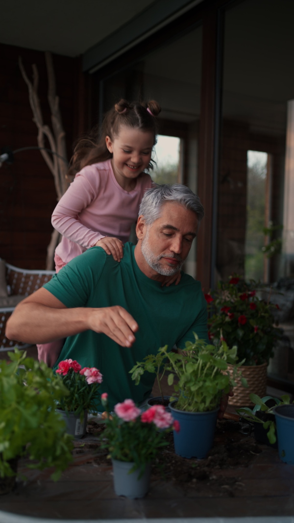 A vertical footage of little cute daughter hugging her happy father at home.