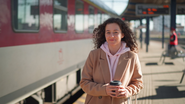 A portrait of happy young traveler woman with coffe and luggage at train station platform