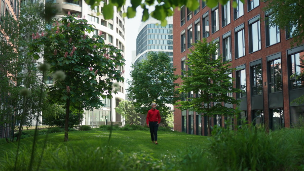 A businessman walking barefoot in park, feeling free, work life balance concept.