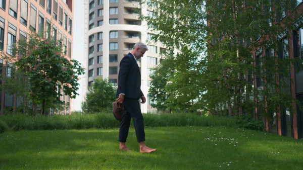 A businessman walking barefoot in park, feeling free, work life balance concept.