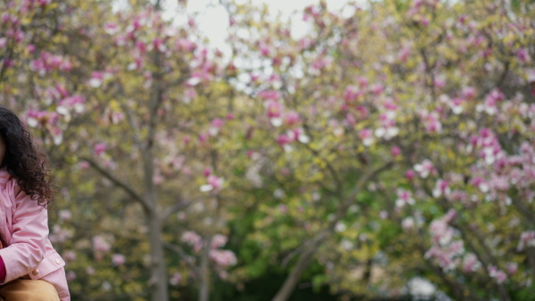 Mature father and little daughter in park. Father carrying joyful girl on shoulders, having fun together. Pink magnolia flowers in background.