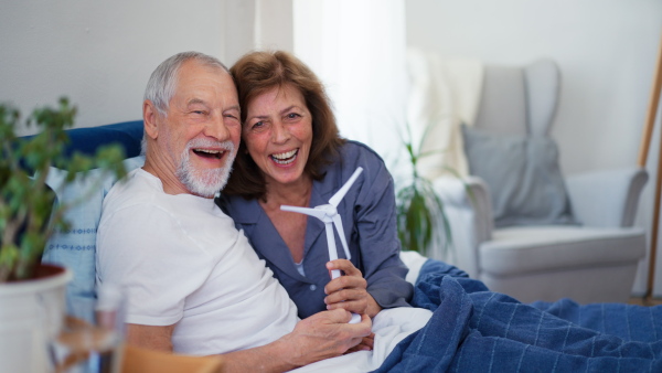 Happy senior couple at home with windmill smiling at camera. Renewable energy concept.