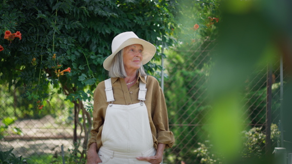 Portrait of elderly woman in garden, looking into camera, smiling.