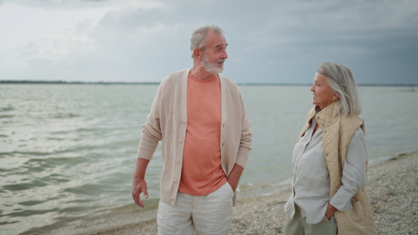 Elderly couple walking on beach, talking.