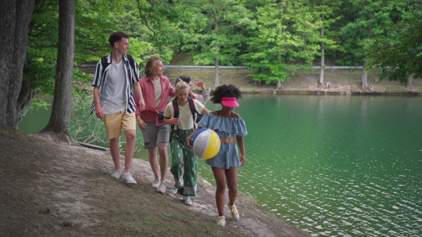 A group of young friends on camping trip near lake in summer.