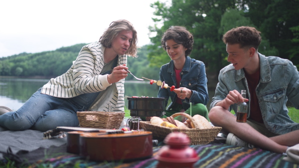 A group of multiracial young friends camping in campsite near lake and and having barbecue together.