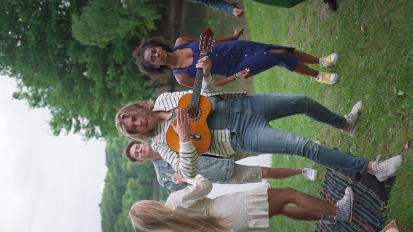 A group of young friends having fun on picnic near a lake, dancing, singing and playing guitar.