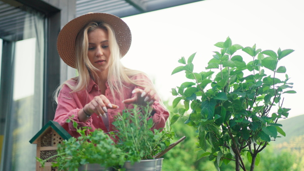 A young woman taking care of her herbs and smelling thme on terrace in tiny house, sustainable living.